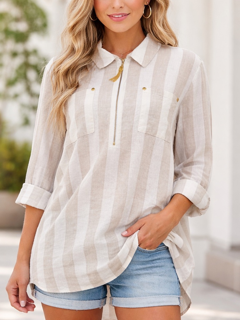 Ellen Tracy Linen Striped Half-Zip Tunic Sz- L Resortwear CoastalGrandmother